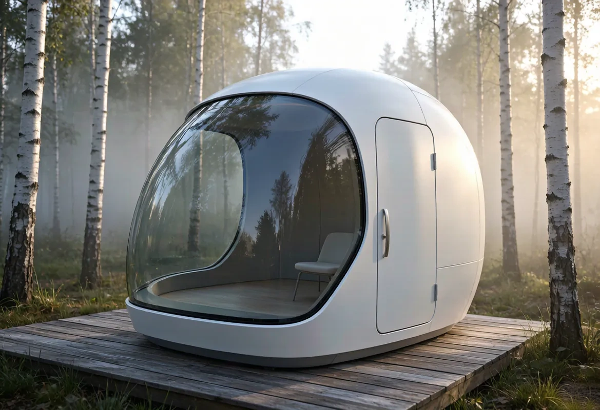 Compact capsule home nestled in a birch forest
