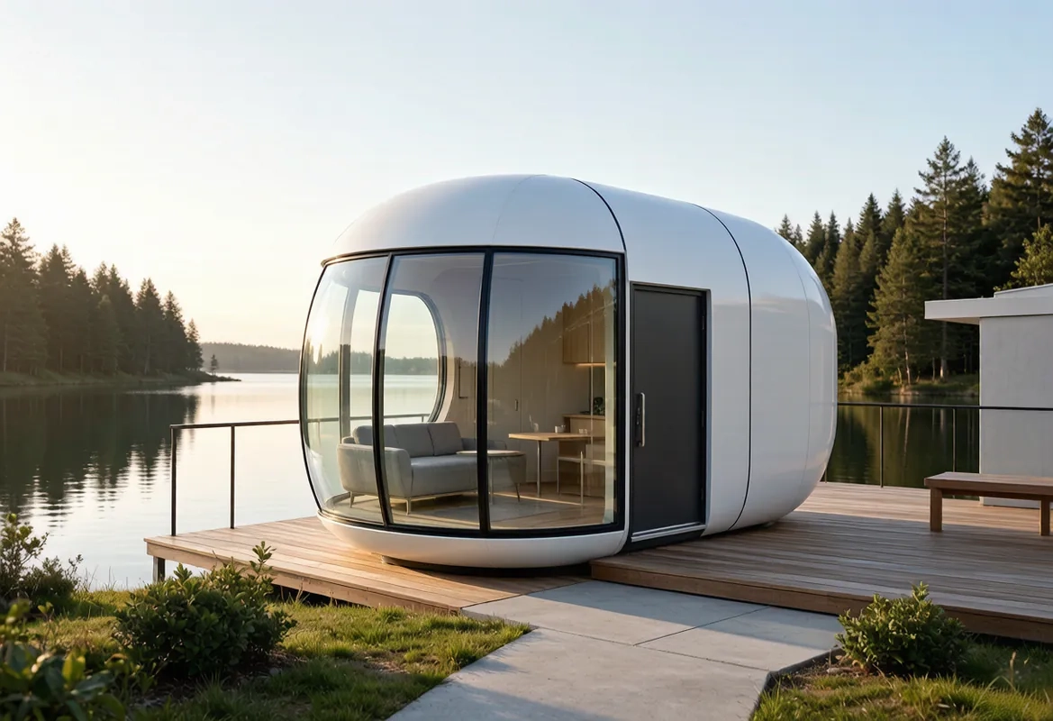 Single Deck Space Capsule by a lake