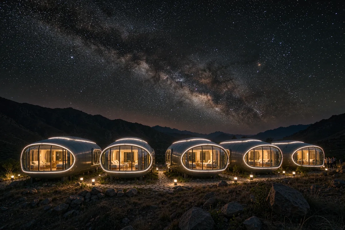 Row of glowing Haishu capsule homes at a hillside resort at night